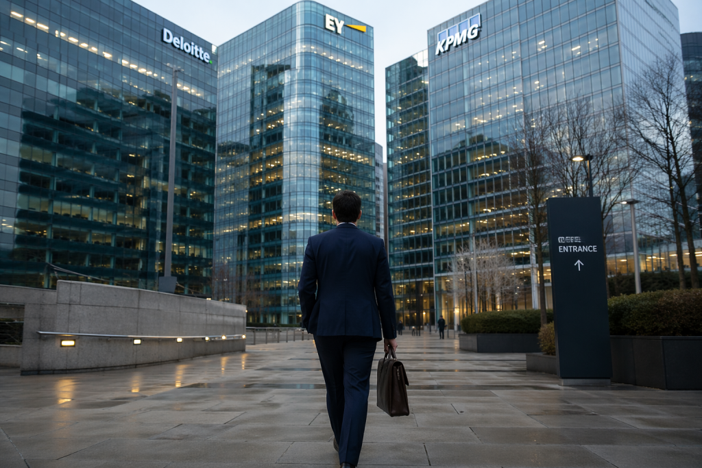 Man wearing a navy suit heading towards big glass office buildings